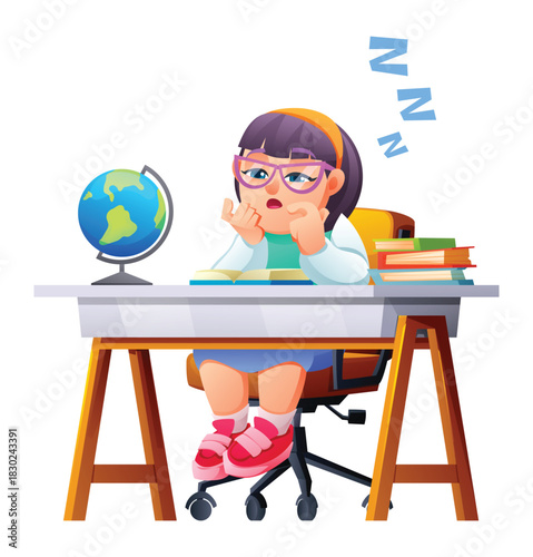 Tired schoolgirl yawning at desk, female character with glasses reading book, overwork, lack of sleep. Vector cartoon illustration