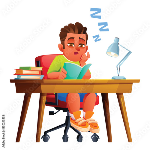 Young schoolboy student yawning at desk, tired male character reading book, lack of sleep or boring lesson. Vector cartoon illustration