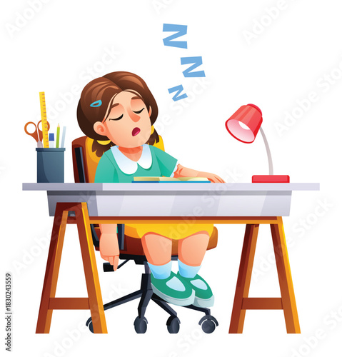 Little schoolgirl asleep on desk, tired female character resting her head on a book after homework. Vector cartoon illustration