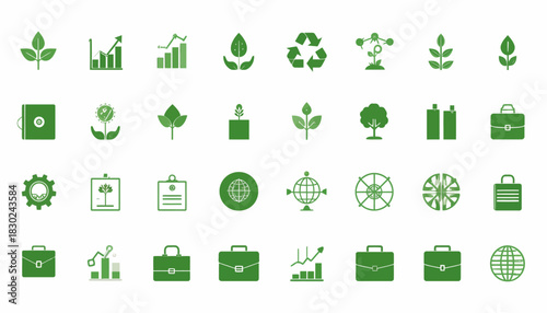 A comprehensive collection of green icons representing environmental sustainability, business growth, and ecological responsibility.