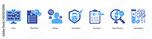 Laboratory Health Indicators web banner icon vector illustration featuring Pulse, Blood Test, Allergy, Vaccination, Eye Exam, Bone Density, and Hemoglobin for essential medical metrics.