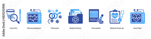 Diagnostic and Vital Tracking web banner with Urine Test, Electrocardiogram, Chlamydia, Medical History, Prescription, Medical Check Up, and Heart Rate to support active health monitoring.
