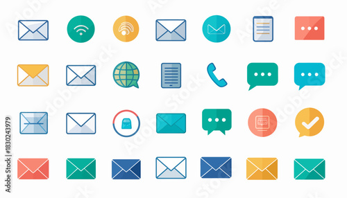 A collection of various communication and internet-related icons, including mail, chat, phone, and network symbols in a modern flat design.