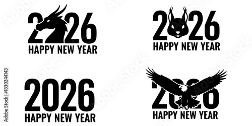 Four new year greetings for twenty twenty six featuring a dragon squirrel plain and eagle design style year on transparent background silhouette