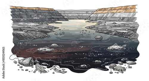 Hand-drawn illustration of a polluted quarry river with dark toxic water oil slicks and dead fish.