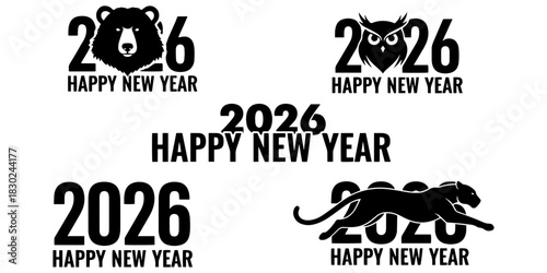 Happy new year illustrations with animals including a bear owl and panther with the year two thousand twenty six on transparent background silhouette