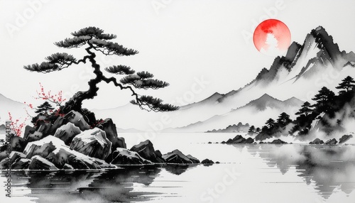 Wallpaper Mural Traditional Japanese Ink Painting of Serene Landscape with Red Sun Torontodigital.ca