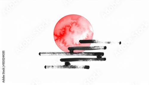 Wallpaper Mural Minimalist Japanese Ink Painting with Red Sun Torontodigital.ca