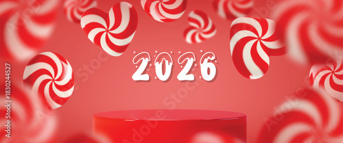 A vibrant 3D festive background featuring floating red-and-white peppermint candies with a central “2026” text in a frosty holiday style, ideal for New Year banners, greeting cards, and seasonal promo