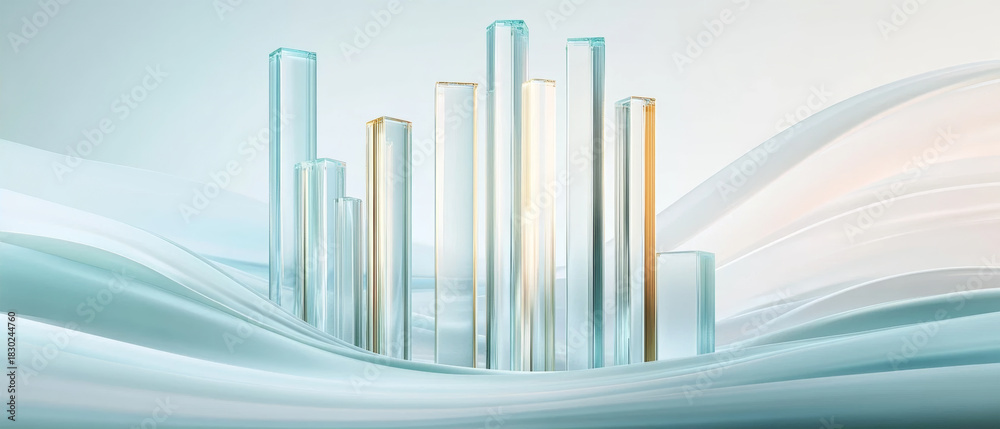 Obraz premium 3D transparent glass bar chart showing growth and profit with golden accents on a soft blue wavy background