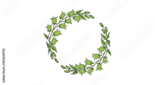 A beautiful hand-sketched green floral wreath featuring delicate bellflowers and leaves, perfect for nature-inspired designs and borders.