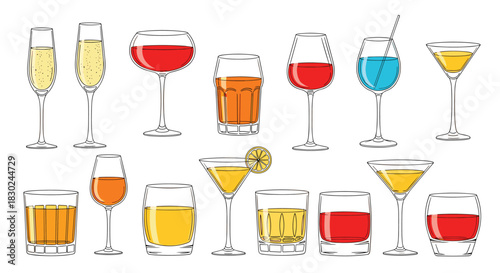 A vibrant collection of various drinks and cocktail glasses, featuring colorful liquid fills in a modern, simple outline art style.