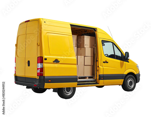 Yellow van with open door, loaded with cardboard boxes
