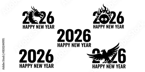 Five happy new year 2026 designs featuring a dragon, eagle, flaming head and plain text in black and white on transparent background silhouette