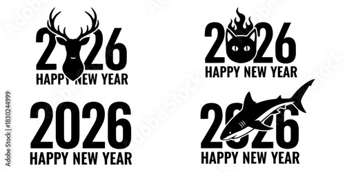 Four happy new year greetings for the year two thousand twenty six with animal silhouettes designs in black on transparent background