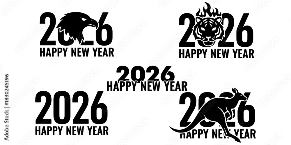 Obraz premium Illustrations of happy new year 2026 with eagle tiger kangaroo and simple text on a white background on transparent background silhouette