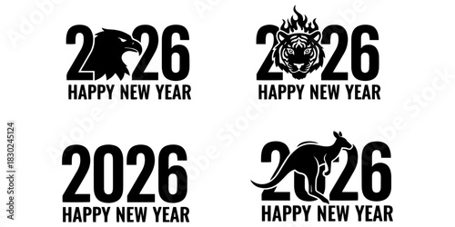 Four happy new year 2026 designs featuring an eagle tiger kangaroo and the year two thousand twenty six on transparent background silhouette