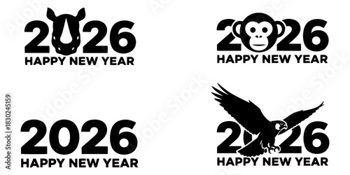 Illustrations showing happy new year greetings for the year two thousand twenty six with animals theme designs on transparent background silhouette