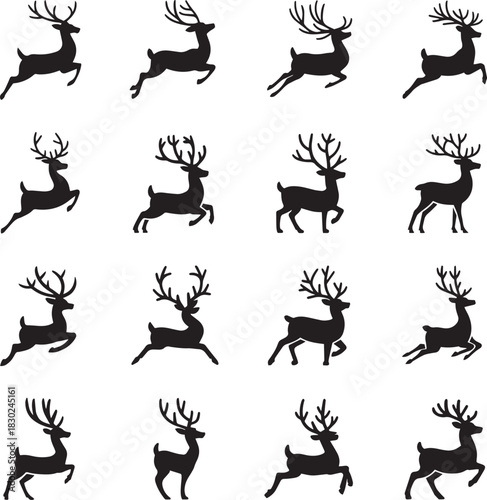 Christmas reindeer icon set with graceful poses and detailed antlers