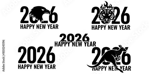 Illustrations of happy new year 2026 with eagle tiger kangaroo and simple text on a white background on transparent background silhouette