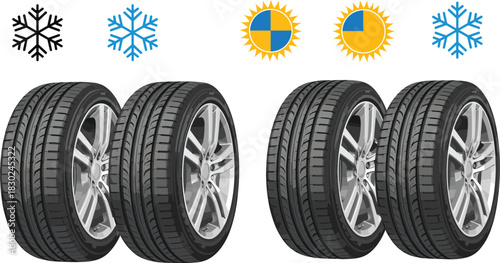 Realistic car tires vector set with winter snowflake and summer sun icons, seasonal tyre replacement concept for automotive service design