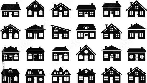 Residential House Vector Icon Set, Collection of Different Home and Cottage Silhouettes, Real Estate, Property, and Architecture Graphics for Design