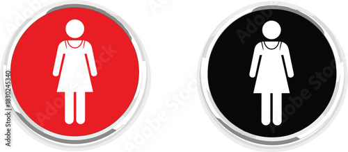 Red and black circular buttons with white woman silhouette icons, ladies restroom sign, vector illustration for gender symbol and toilet door signage