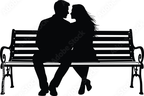 Romantic black vector silhouette illustration of an affectionate young couple sitting closely on a park bench, showing love, dating, romance, and intimate relationship connection graphic art.