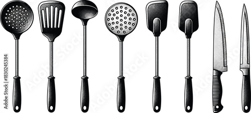 Retro Black and White Graphics of Ladle, Spatula, Skimmer, and Knives, Ideal for Cooking Blog, Restaurant Menu Design, or Food History Content.