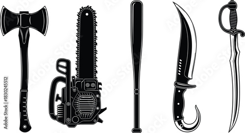 Set of Black and White Weapon Silhouettes Including Axe, Chainsaw, Baseball Bat, Curved Knife, and Sword for Crime, Horror, Violence, and Combat Concepts