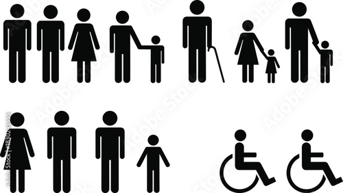 Set of black people icons, family with kids, elderly with cane, and disabled wheelchair user symbols, vector illustration for bathroom signage