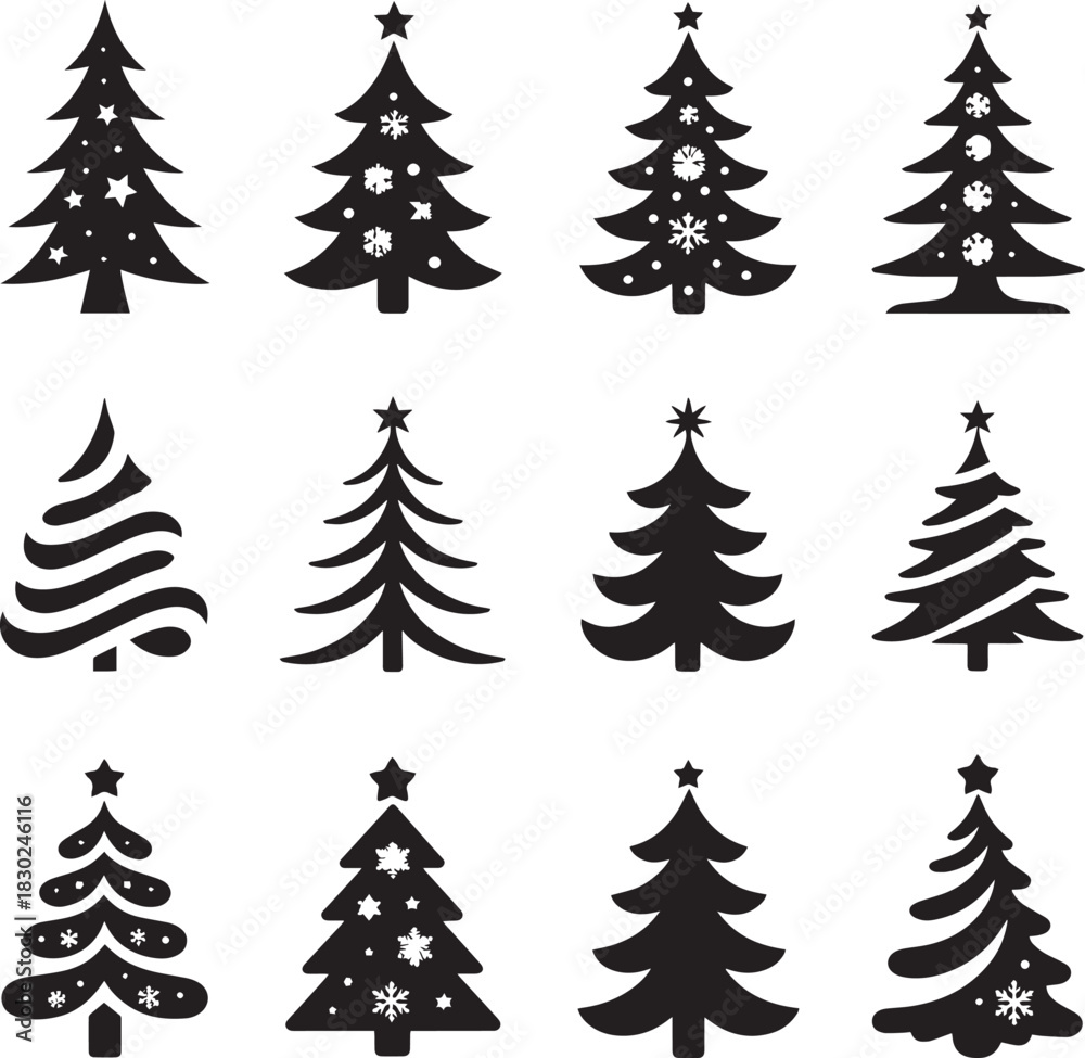 Obraz premium Christmas tree icon pack modern festive silhouette designs