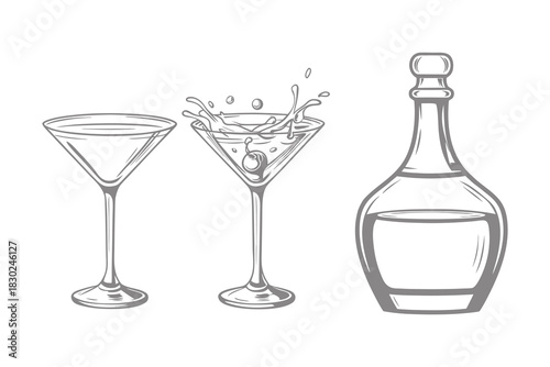 Explosion bottle and two glasses with splash drinks Sketch vector illustration. Holiday design elements vintage style engraving vector illustration. Eps 10
