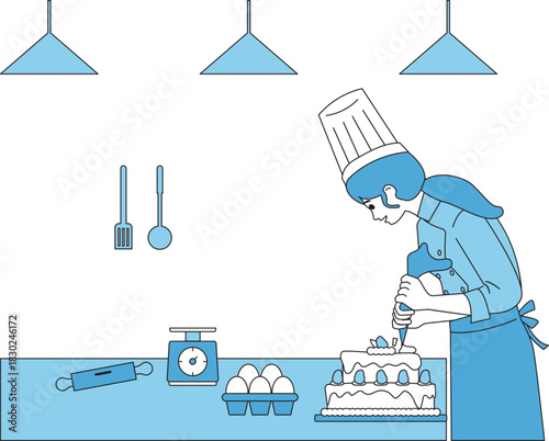 Pastry Chef Decorating a Cake in a Kitchen