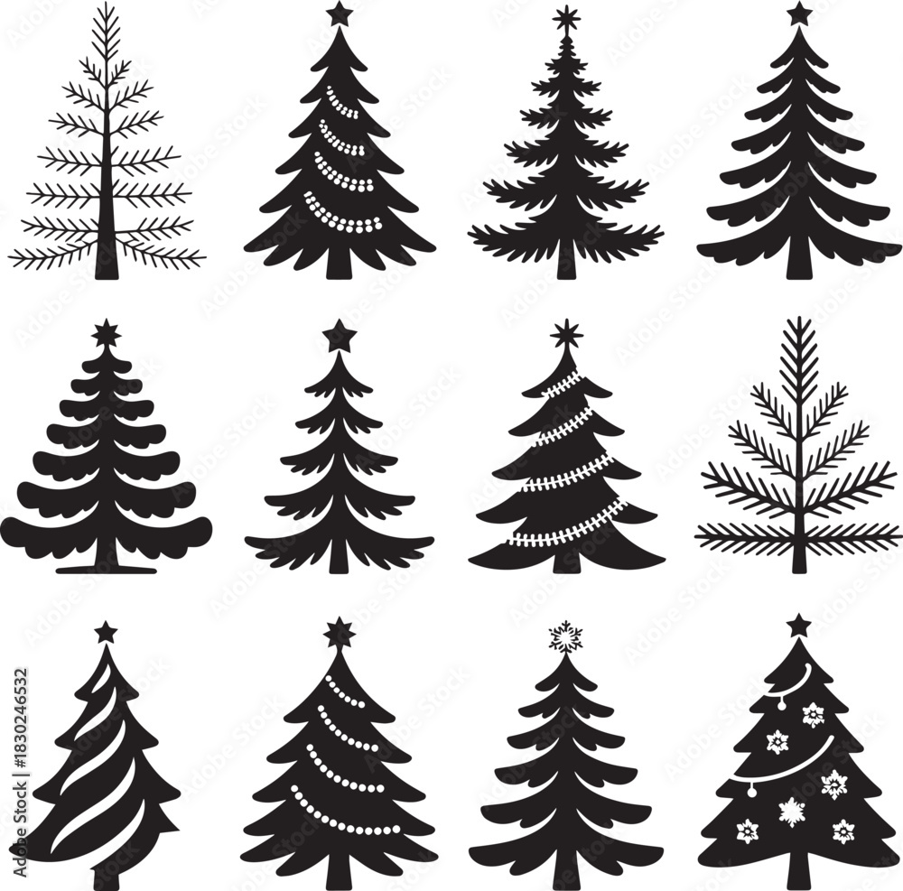 Fototapeta premium Christmas tree silhouette icons elegant festive clipart set