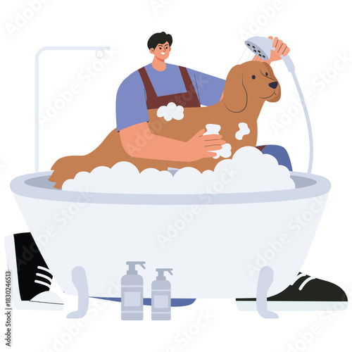Pet Salon Illustration. Vector illustration of Groomer washes a dog in a foam bath using a handheld shower at a pet salon. Isolated on background