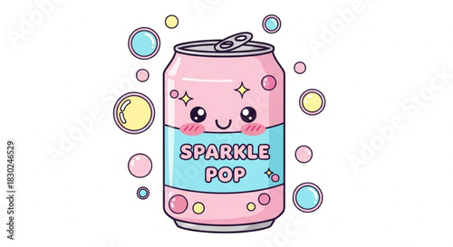 Kawaii-style soda can with smiling expression, playful bubbly accents, minimal shading, isolated on a pure white background