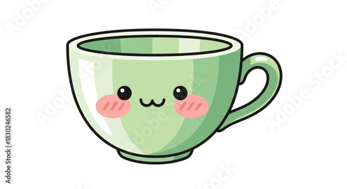 Cute green tea cup with blushing cheeks, clean vector linework, pastel color palette, isolated on a white background