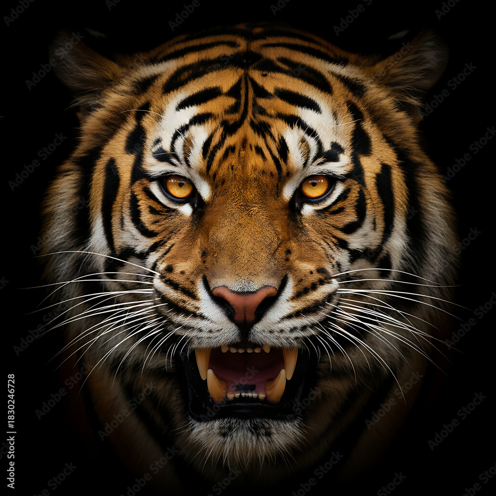 Naklejka premium A fierce tiger emerging from darkness, emphasizing focus and predatory stance, Earth Day, Fierce Tiger Wildlife
