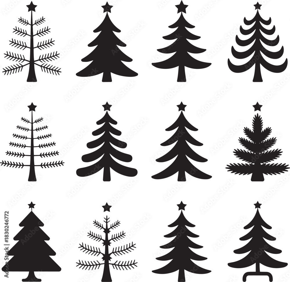 Obraz premium Christmas tree silhouettes bold detailed xmas icon collection