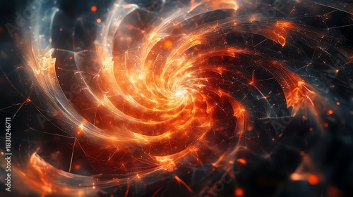 Abstract Fiery Spiral Galaxy with Bright Orange and Red Swirling Light Artistic Cosmic Pattern