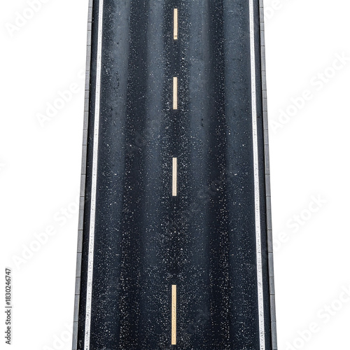 Road Ahead: A straight stretch of asphalt road extends into the distance. It is marked with clear lane lines. The texture suggests a recent rainfall, giving the road a subtle sheen and depth. 