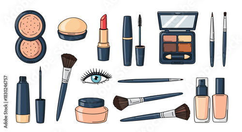 A diverse collection of colorful makeup and beauty products, including brushes, powders, and eye cosmetics, in a hand-drawn vector illustration.