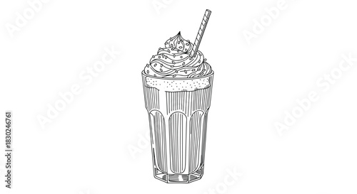 Detailed black and white line art illustration of a delicious milkshake in a tall glass, topped with whipped cream, sprinkles, and a straw.