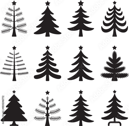 Christmas tree silhouettes bold detailed xmas icon collection
