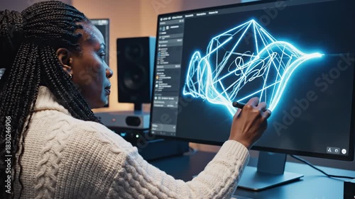 African american woman designer using stylus to draw glowing blue abstract shape on computer monitor in dark office