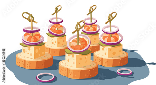 Delicious shrimp and cheese appetizers with red onion rings on toasted bread, held by decorative skewers, presented on a blue surface.