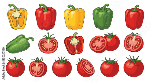 A vibrant collection of fresh bell peppers in yellow, red, and green, along with ripe red tomatoes, some whole and some cut, on a white background.
