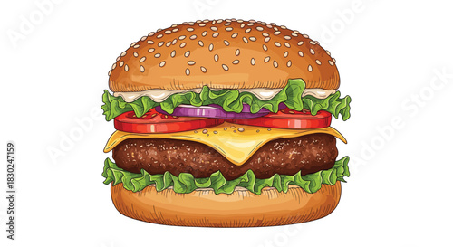 A vibrant, hand-drawn illustration of a classic beef cheeseburger with fresh lettuce, tomatoes, onions, melted cheese, and a sesame seed bun, isolated.