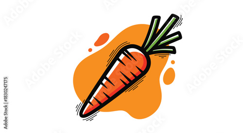 A vibrant and stylized orange carrot with green leaves, depicted with a playful, hand-drawn aesthetic against an abstract orange background.